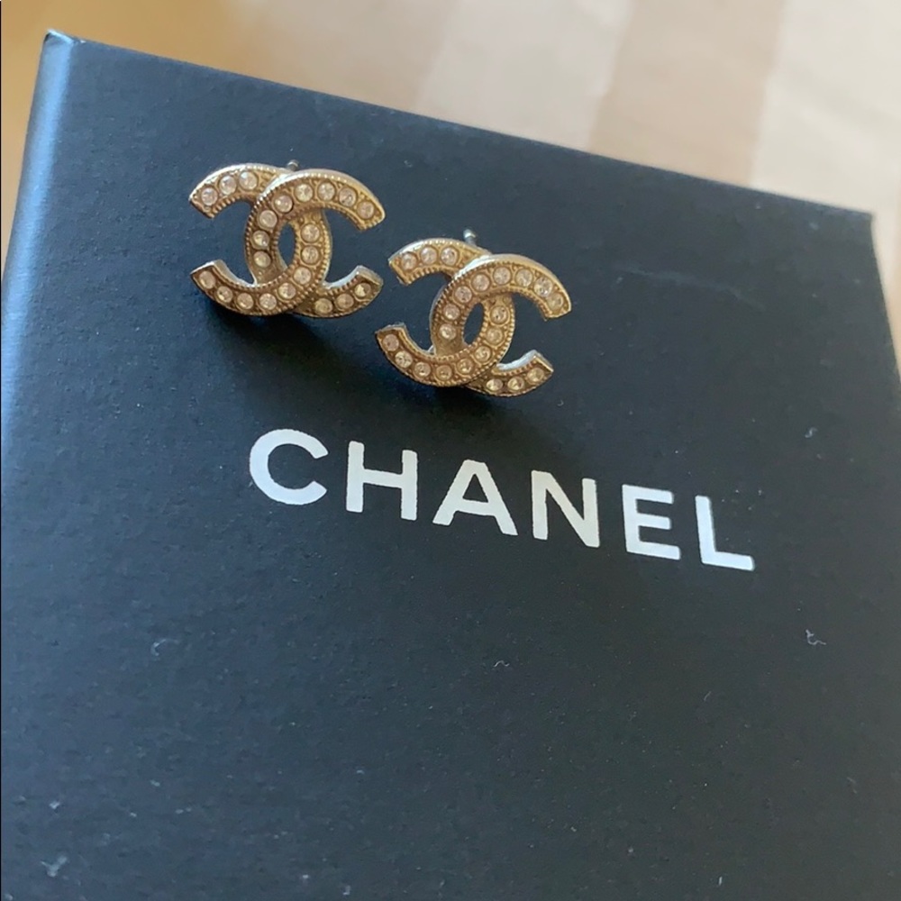 Authentic Chanel earrings crystal CC earrings.